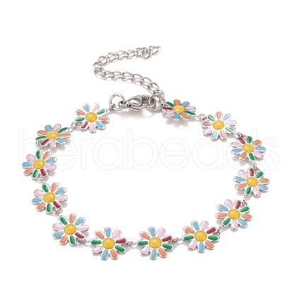 Enamel Daisy Link Chains Bracelet BJEW-P271-01P-02-1