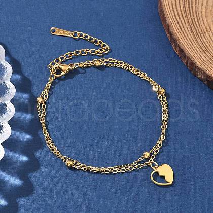 304 Stainless Steel Heart Charm Chain Bracelets BJEW-M097-01A-G-1