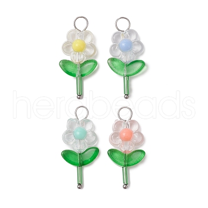 Transparent Acrylic Beads with Spray Painted Transparent Glass Beads and Glass Bugle Beads and 304 Stainless Steel Ball Head Pins Pendants PALLOY-JF03619-1