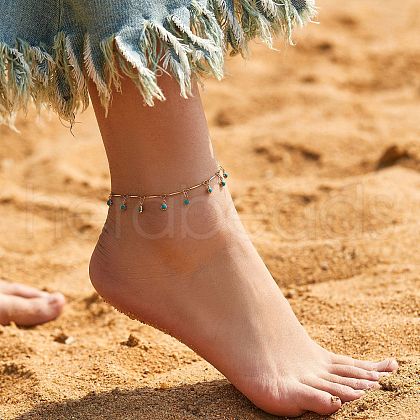 Bohemian Brass Bar Link Chain Marine Blue Enamel Sun Tassel Anklets AJEW-Z046-05G-1