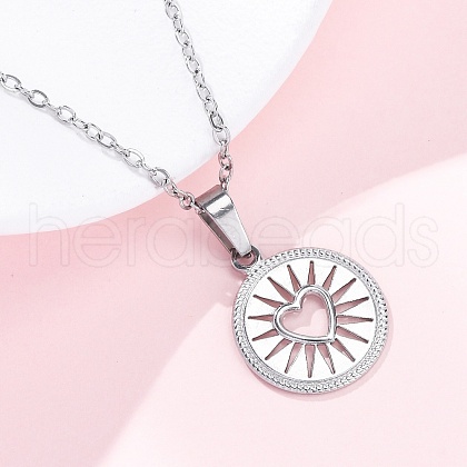 Flat Round with Heart 304 Stainless Steel Pendant Necklaces NJEW-H059-15P-1