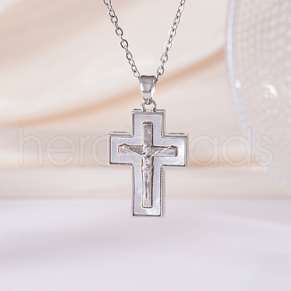 Brass Pave Natural White Shell Religion Jesus Cross Pendant Necklaces for Women FS-WGAAB84-02-1