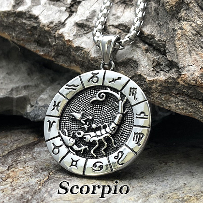 Flat Round with Engraved Twelve Constellation Alloy Pendant Necklace for Women Men WG25F4B-08-1