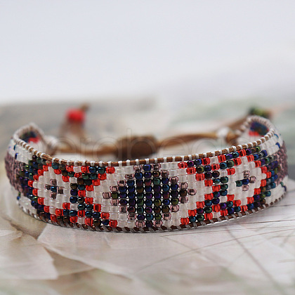 Bohemian Style Rhombus Pattern Glass Seed Beaded Braided Bead Bracelets WG1D303-05-1