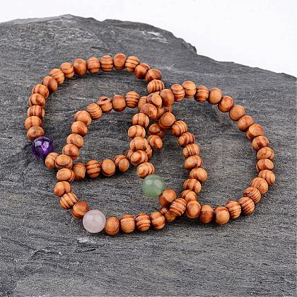 Round Wood Beaded Stretch Bracelets BJEW-JB02285-1