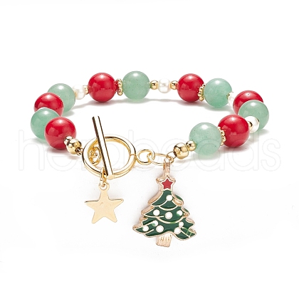 Christmas Tree & Star Alloy Enamel Charm Bracelet BJEW-TA00154-1