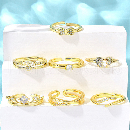 7Pcs 7 Styles Valentine's Day Goddess Series Brass Micro Pave Clear Cubic Zirconia Cuff Rings for Women RJEW-S399-16G-1