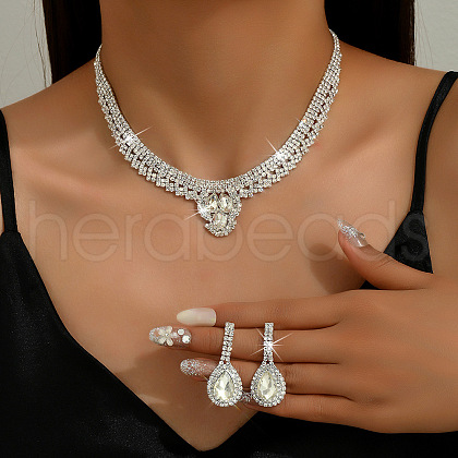 Teardrop Alloy Crystal Rhinestone Pendant Necklaces & Stud Earrings Sets FS-WG3BBCC-01-1