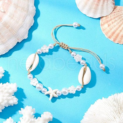 Adjustable Natural Cowrie Shell & ABS Plastic Imtation Pearl Beaded Braided Bead Bracelets for Women BJEW-JB11870-1
