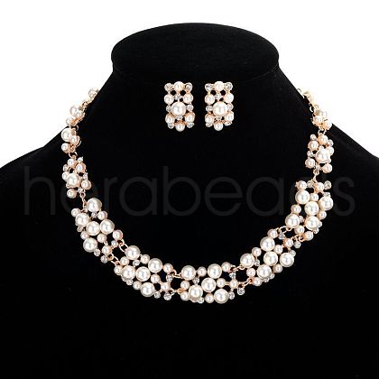 Alloy & Plastic Pearl Round Beaded & Crystal Rhinestone Chain Necklace & Stud Earring FS-WG9A31F-01-1