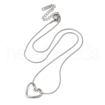 304 Stainless Steel Hollow Heart Pendant Necklace with Round Snake Chains NJEW-M202-05P-1