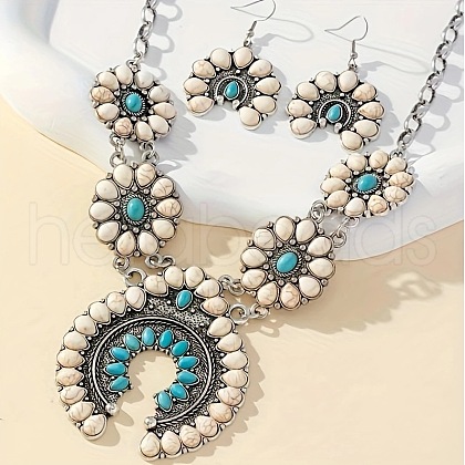 Bohemia Western Squash Blossom Synthetic Turquoise Statement Necklace & Dangle Earrings Sets FS-WGF8C18-04-1