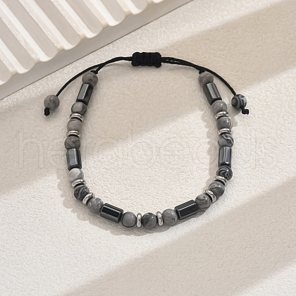 Elegant Adjustable Natural Map Stone & Non-magnetic Synthetic Hematite Braided Bead Bracelets EI1197-2-1