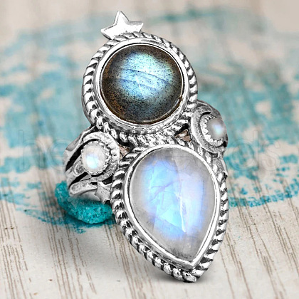 Teardrop & Oval Bohemian Style Zinc Alloy with Resin Imitation Moonstone/Rhinestone Finger Rings FS-WGFB6C4-02-1