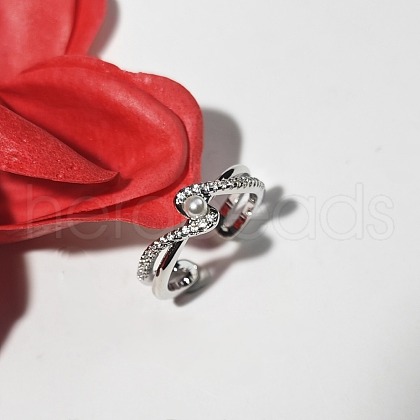 Cross Brass Micro Pave Clear Cubic Zirconia with Plastic Pearl Cuff Rings for Women FS-WG3432A-01-1