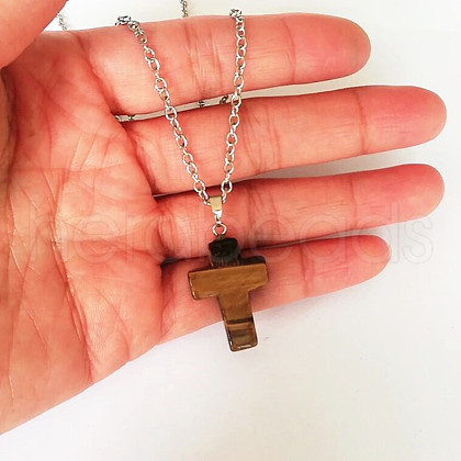 Natural Tiger Eye Cross Pendant Necklace FS-WGC9DE4-04-1