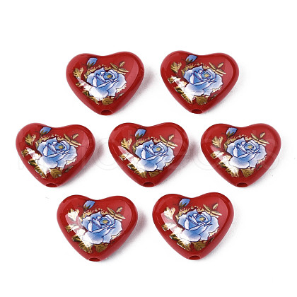 Flower Printed Opaque Acrylic Heart Beads SACR-S305-28-I02-1