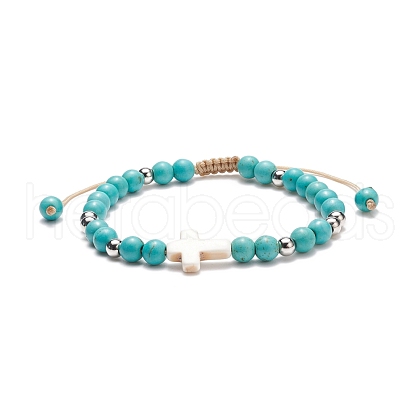 Synthetic Turquoise(Dyed) Braided Bead Bracelet with Synthetic Magnesite Cross BJEW-TA00146-02-1