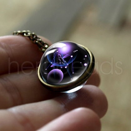 Double Glass Round with Constellation Pendant Alloy Chain Necklaces WG188F6-01-1