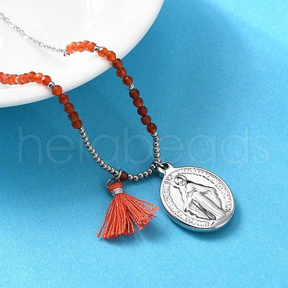 304 Stainless Steel Oval Virgin Mary Pendant Necklaces NJEW-A045-24P-1