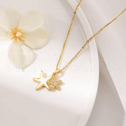 304 Stainless Steel Micro Pave Clear Cubic Zirconia Double Starfish Pendant Necklaces FS-WG2E0D3-01-1