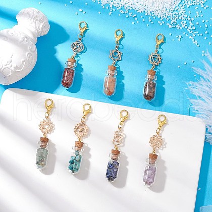 7 Chakra Natural Red Aventurine & Red Jasper & Green Aventurine & Tiger Eye & Synthetic Turquoise & Amethyst & Lapis Lazuli Chips inside Glass Wishing Bottle Pendant Decorations HJEW-JM03099-01-1