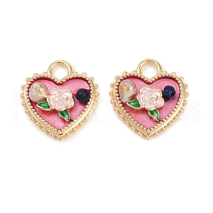 Brass Enamel & Natural Pearl Heart with Rose Flower Pendants KK-K351-49G-03-1