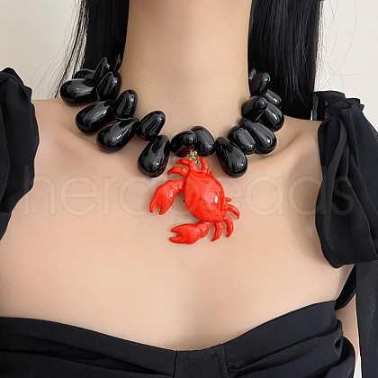 Red Crab Pendant Resin Teardrop Beaded Necklaces for Women FS-WG56857-02-1