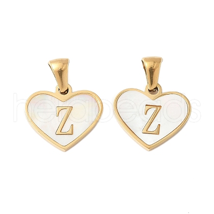 304 Stainless Steel Pave Natural White Shell Heart with Initial Slice Pendants STAS-R168-25G-Z-1