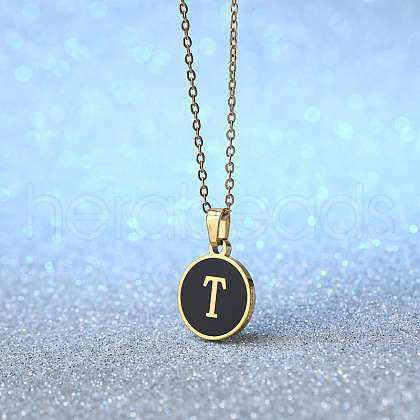 Alloy Black Enamel Disc with Initial Pendant Necklaces for Women WGEDF6F-20-1