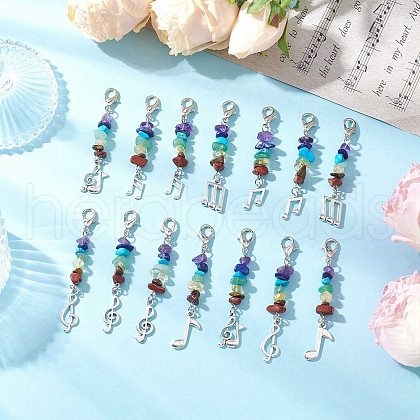 Chakra Natural Citrine & Red Jasper & Tiger Eye & Green Aventurine & Lapis Lazuli & Amethyst & Synthetic Turquoise Chip Pendant Decorations HJEW-JM03359-1