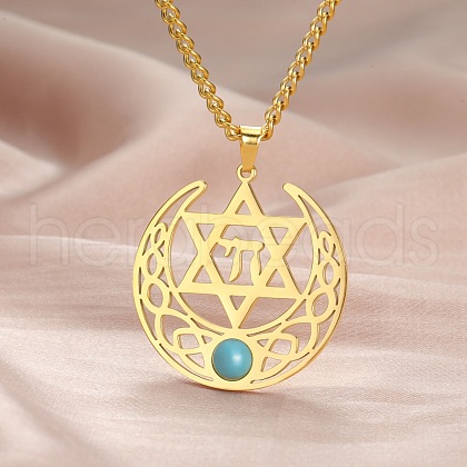 304 Stainless Steel Pave Synthetic Turquoise Hollow Star of David and Chai Pendant Necklaces for Women FS-WG8BC02-02-1