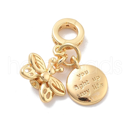 Brass Clear Cubic Zirconia Butterfly & Flat Round European Dangle Charms KK-M305-17G-1