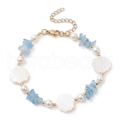Natural Aquamarine Chips & Shell Pearl Beaded Bracelet BJEW-TA00461-1