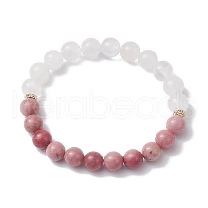 8mm Round Natural Quartz Crystal & Rhodonite Beaded Stretch Bracelets for Women BJEW-JB10700-1