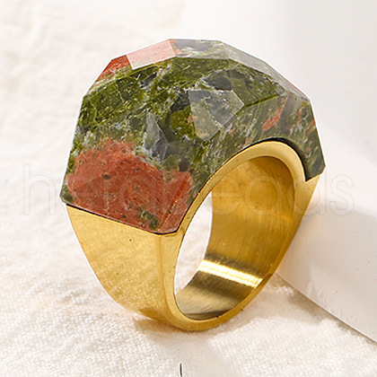 Fashionable 304 Stainless Steel & Natural Unakite Finger Rings FS-WG90577-38-1