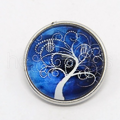 Platinum Plated Brass Glass Flat Round with Tree Jewelry Snap Buttons SNAP-M030-B-37-1