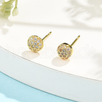 Flat Round Brass Micro Pave Clear Cubic Zirconia Stud Earrings EJEW-H162-05G-1