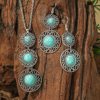 Bohemian Style Alloy & Synthetic Turquoise Pendant Necklaces & Dangle Earrings Sets WG2E1B4-01-1