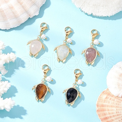 Natural Quartz Crystal & Rose Quartz & Strawberry Quartz & Tiger Eye & Black Obsidian Faceted Tortoise Pendant Decorations HJEW-JM03321-1