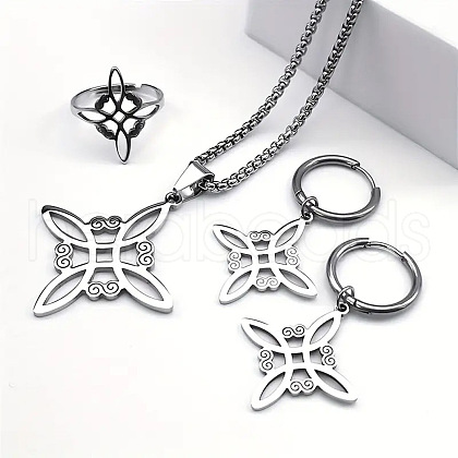 Witches Knot 304 Stainless Steel Pendant Necklaces & Hoop Earrings & Rings Sets FS-WGFB126-01-1