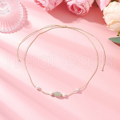 Adjustable Natural Green Aventurine Oval & Round Shell Pearl Braided Beaded Necklaces for Women NJEW-JN05323-1
