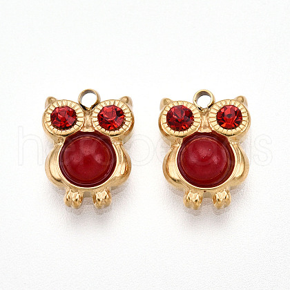 304 Stainless Steel Pave Natural Red Jasper and Ruby Rhinestone Owl Charms STAS-T064-66G-1