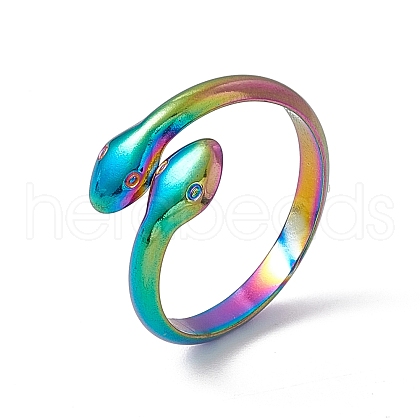 Ion Plating(IP) 304 Stainless Steel Double Snake Open Cuff Ring for Women RJEW-C045-14M-1