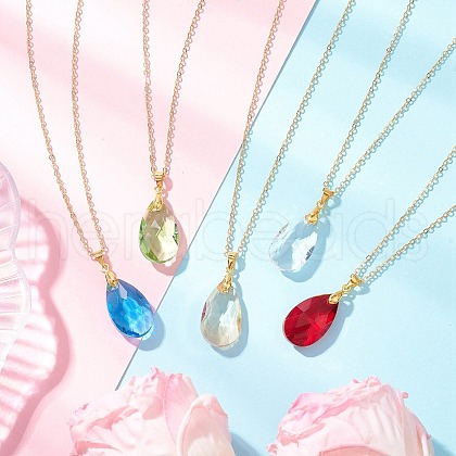 Glass Faceted Teardrop Pendant Brass Cable Pendant Necklaces for Women NJEW-JN05298-1
