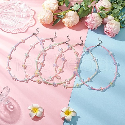 5Pcs 5 Colors Acrylic & Glass Seed Beaded Flower Necklaces for Women NJEW-JN05291-1