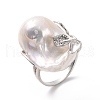 Natural Pearl Nugget with Cubic Zirconia Leaf Open Cuff Ring RJEW-P033-02P-02A-2