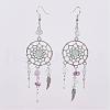 Woven Net/Web with Feather Alloy Dangle Earrings EJEW-JE02338-2