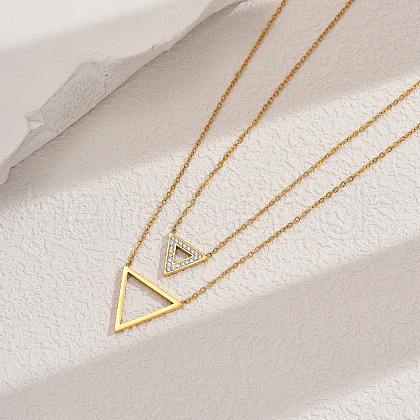 Stainless Steel Inverted Triangle Hollow Pendant Double Layer Necklaces for Women KA5350-1