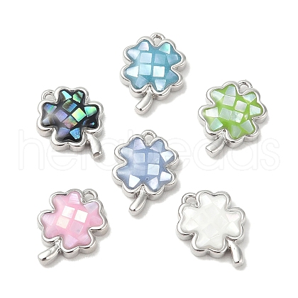 Rack Plating Brass & Shell Clover Charms with Epoxy Resin KK-K380-01P-1